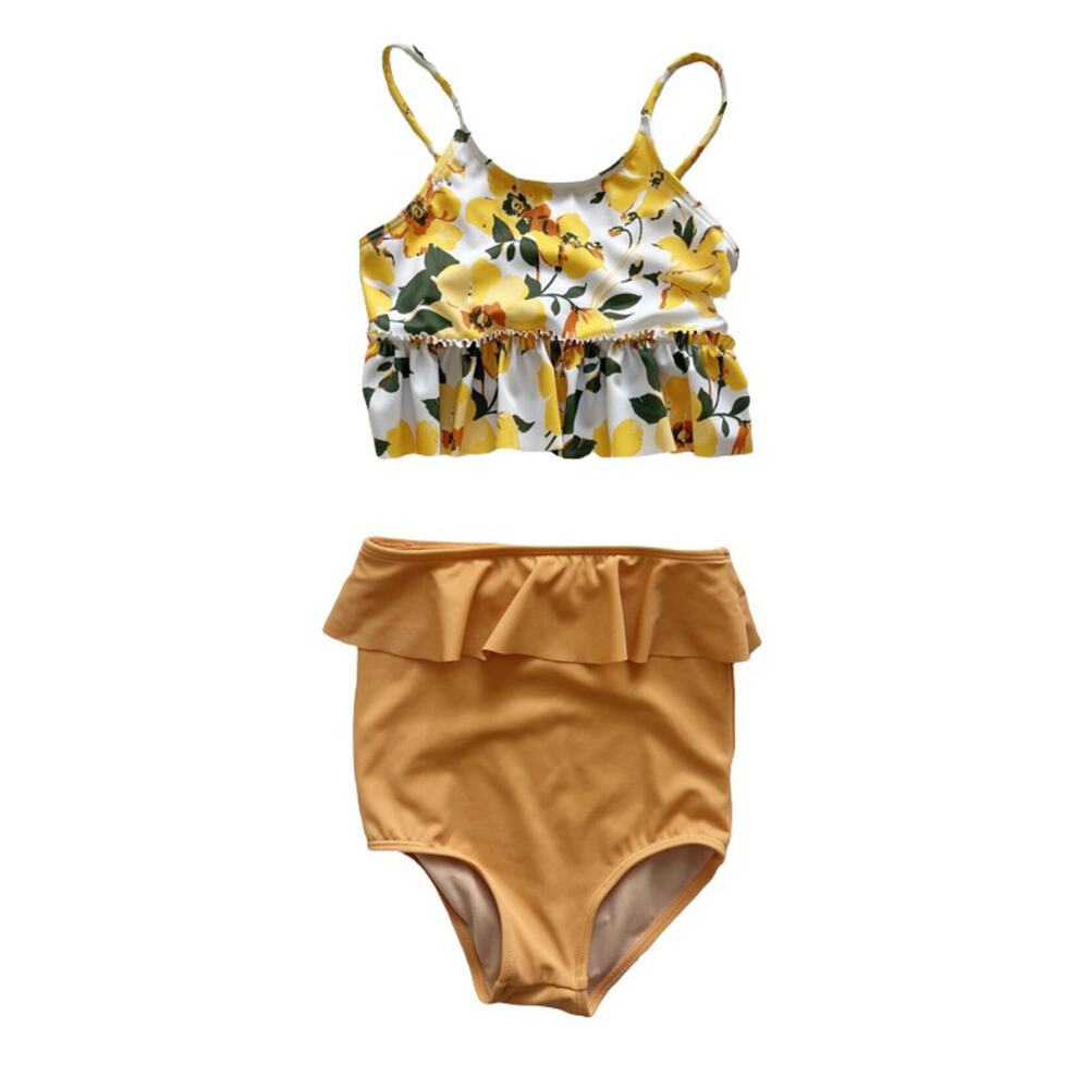 Kortni Jeane Yellow Floral Top + Toasted Brown Bottoms Swim Set Size 6/7